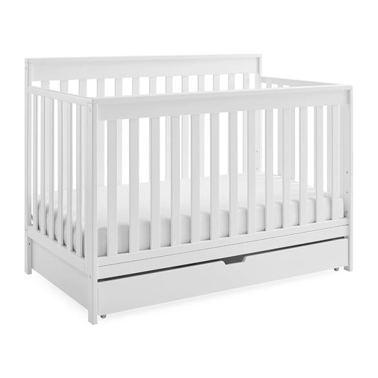 Delta Children Mercer 6-In-1 Convertible Crib with Storage Trundle, Greenguard Gold Certified, Bianca White