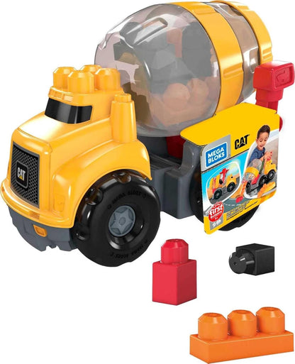 Mega BLOKS Cat Toddler Blocks Building Toy Set, Cement Mixer Truck with 9 Pieces and Storage, Yellow, Ages 1+ Years