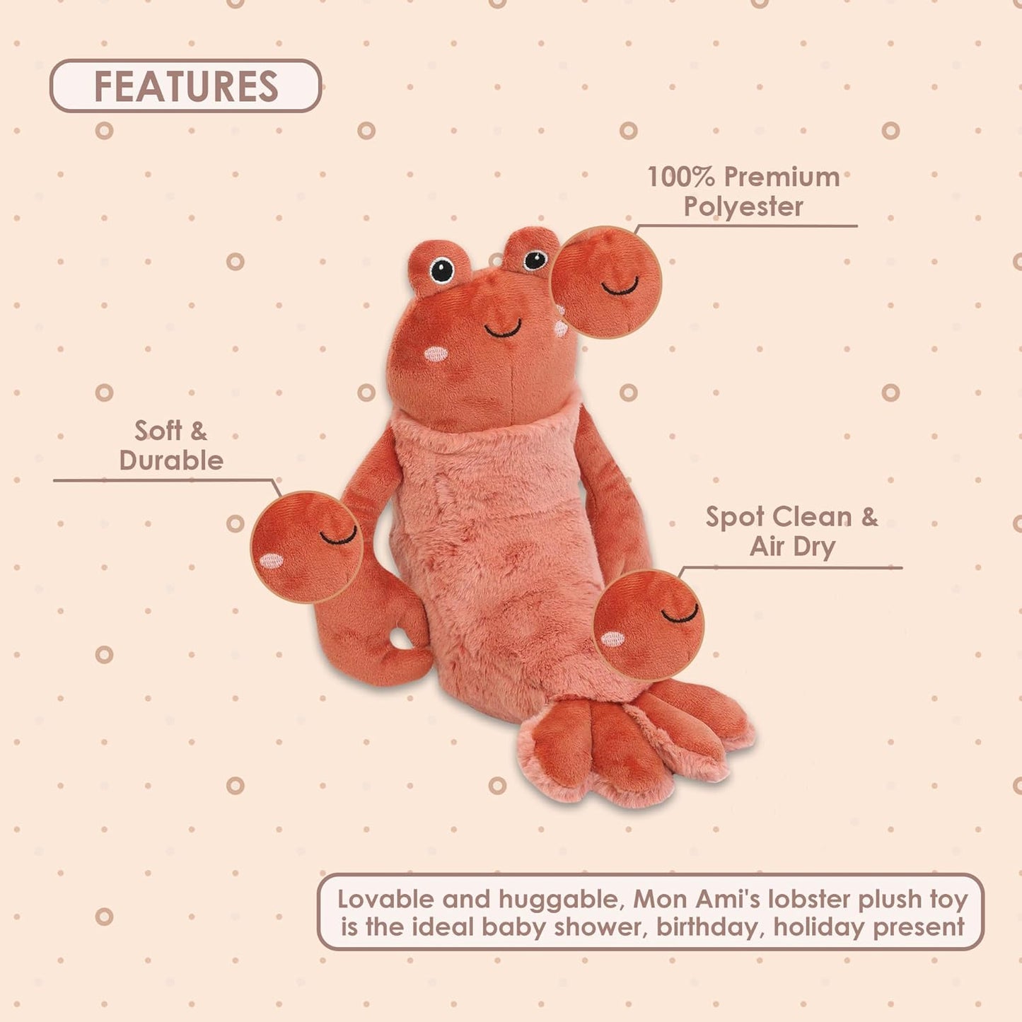 MON AMI Da Pinchi the Lobster Stuffed Animal 10”, Soft & Cuddy Plush Animal, Use as Toy/Nursery Room Décor, for Kids of All Ages, Ocean Animals