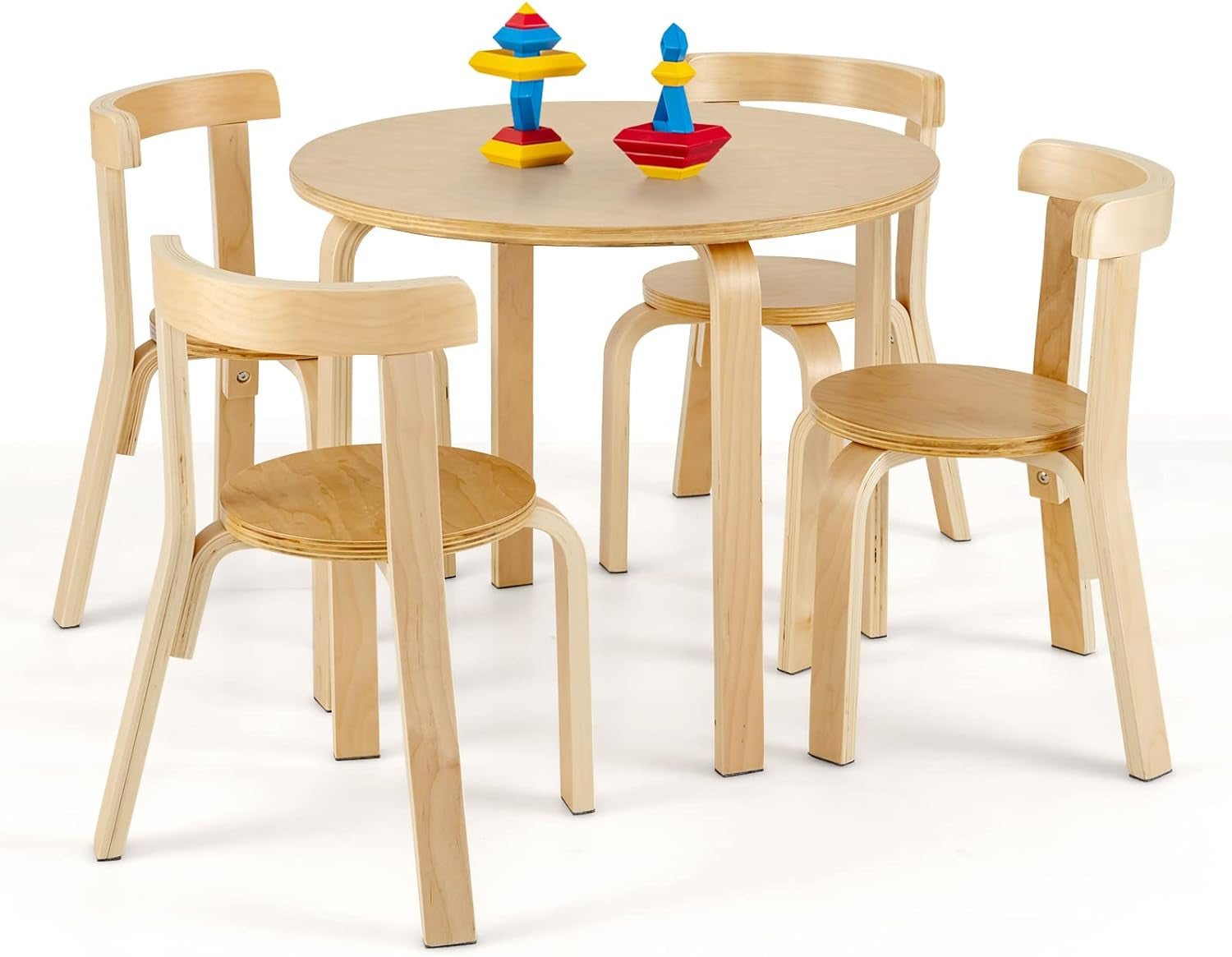 Costzon Kids Table and Chair Set, 5-Piece Wooden Activity Table W/ 4 Chairs, Toy Bricks, Classroom Playroom Daycare Furniture for Playing, Drawing, Reading, Bentwood Toddler Table & Chairs (Natural)