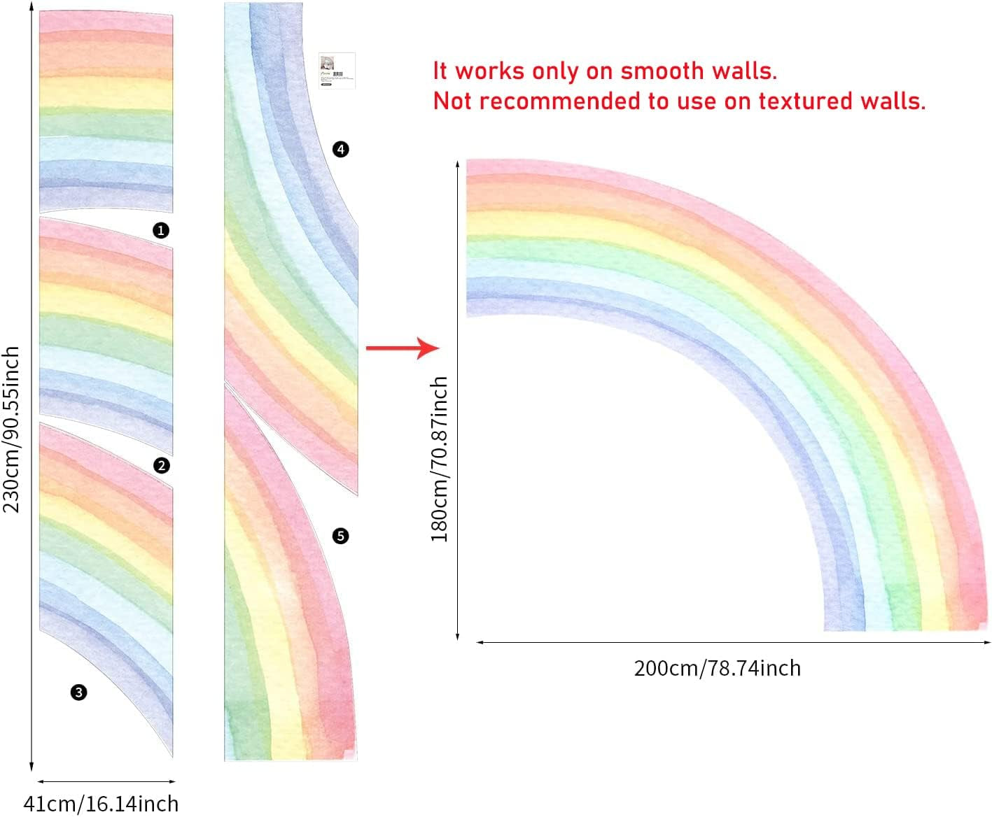 Funlife Fabric Large Rainbow Wall Mural Stickers Peel and Stick, Precut Giant Left Vibrant Half Watercolor Rainbow Wall Decals for Girls Bedroom Kids Nursery Room Playroom, 78.74" X 70.87"