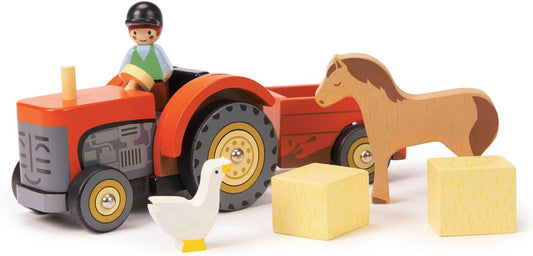 Tender Leaf Toys - Farmyard Tractor - Wooden Tractor Toy with Removeable Trailer, Animals and Accessories - Open-Ended Play Toy, Farm Pretend Play for Boys and Girls - Age 18M+