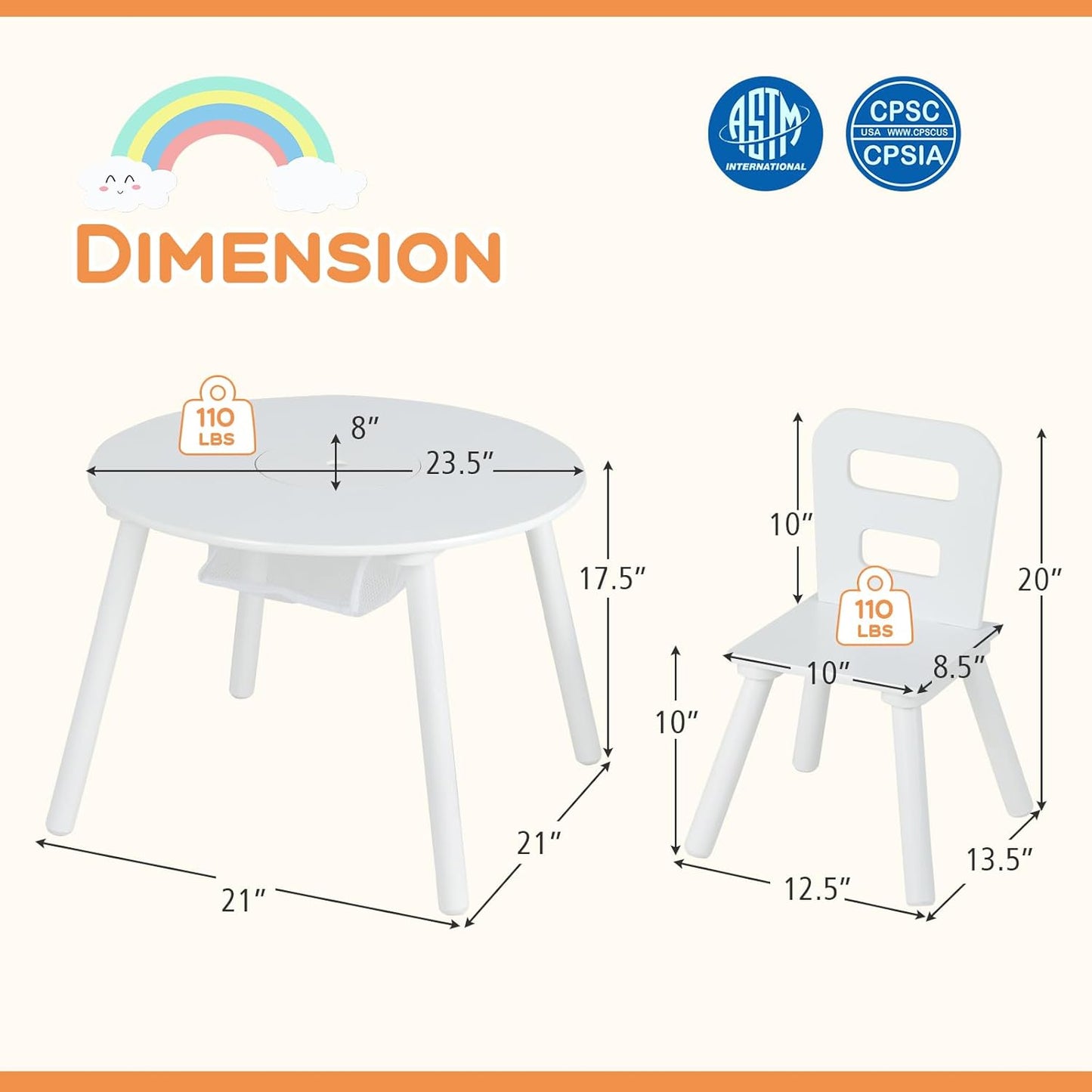 Costzon Kids Table and Chair Set, White Wooden Activity Table with Storage and 2 Chairs for Arts Crafts Snack Time