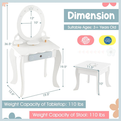 Costzon Kids Vanity Set with Mirror, Princess Makeup Dressing Table & Stool Set, Toddler Vanity W/Accessories, Drawer, Storage Shelves, Pretend Play Vanity Table and Chair Set for Little Girls, White