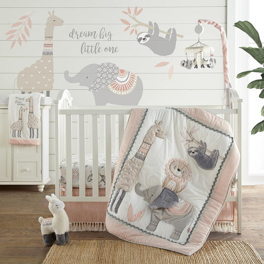 Levtex Baby - Imani Crib Bed Set - Baby Nursery Set - Exotic Animals - Pink, Taupe, Grey, White - Jungle Animals - 4 Piece Set Includes Quilt, One Fitted Sheet, Wall Decal & Skirt/Dust Ruffle