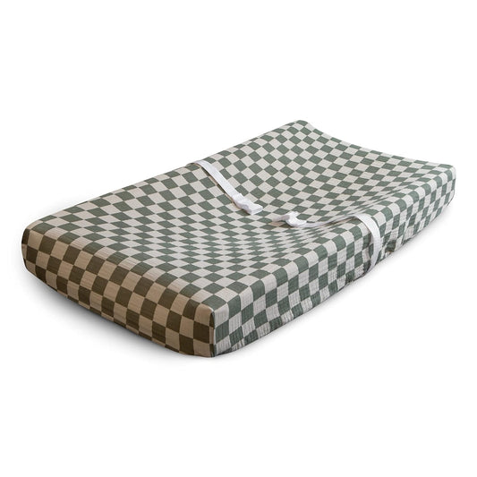 Mushie Extra Soft Muslin Fitted Changing Pad Cover (Olive Check)