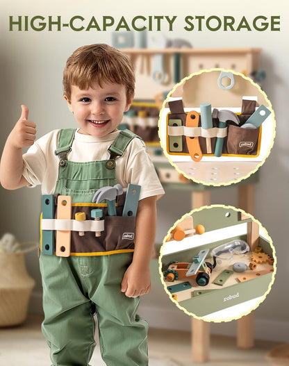 ROBUD Toddler Pretend Play Kids Workbench - Wooden Construction Toy with Tool Belt, Goggles, and Accessories for Creative Assembly - Suitable for Children Age 3+