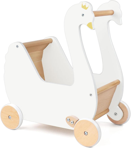 Wooden Doll Stroller,Baby Pram Stroller Toy,Wooden Swan Baby Walker,Baby Stroller Toy for Toddler Boys Girls 18 Months and Up