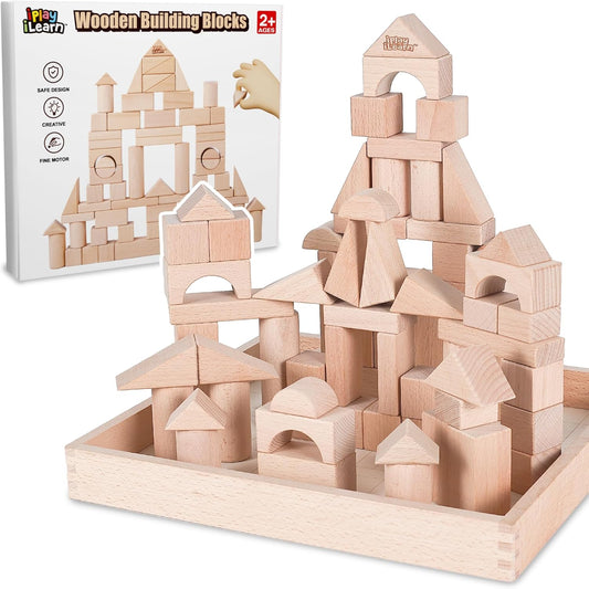 Iplay, Ilearn Kid Wooden Building Block Set, Toddler Natural Wood Block Montessori Learning Toy, Large Hardwood Stacking Brick Castle Unit, Preschool Classroom Gift 2 3 4 5 6 8 Year Old Boy Girl Child