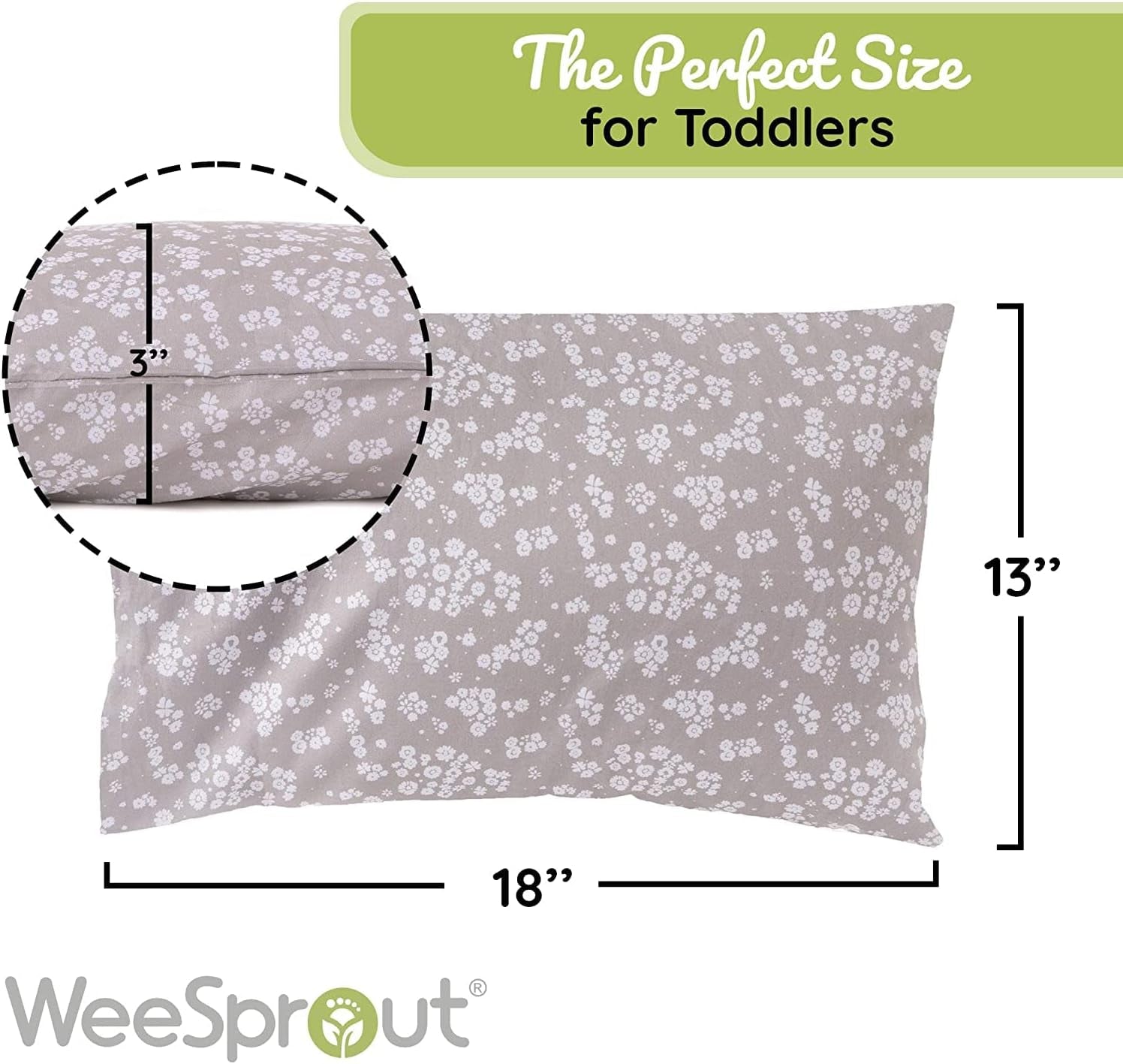 Weesprout Toddler Polyester Organic Cotton Shell and 2 Pillowcases, Small Kids Pillow, Soft and Supportive Polyfiber Filling, Machine Washable, 18 X 13 X 3 (White + Floral Print, 3 Piece Set)