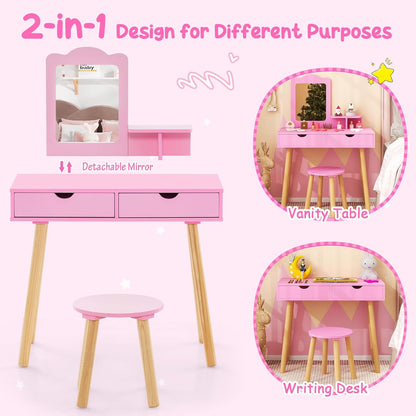 Costzon Kids Vanity Set, Girls Vanity Set with Mirror and Stool, 2 Large Drawers, Storage Shelf, Wooden Princess Makeup Dressing Table, Pretend Play Vanity Table and Chair Set for Toddlers (Pink)