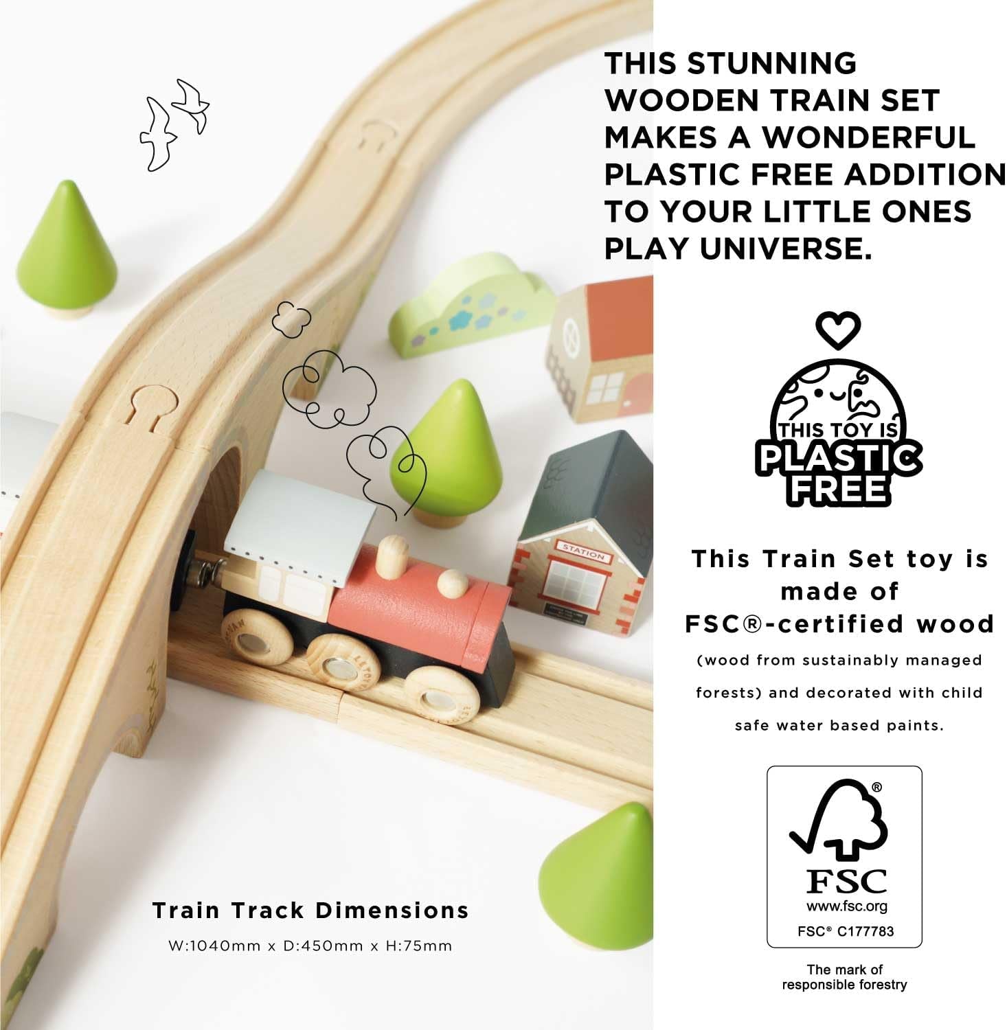 Le Toy Van Wooden Train Set with Figure of 8 Train Track, Plastic Free Set with Universal Compatible Train Track, Suitable for 36+ Months, Girls and Boys, TV702