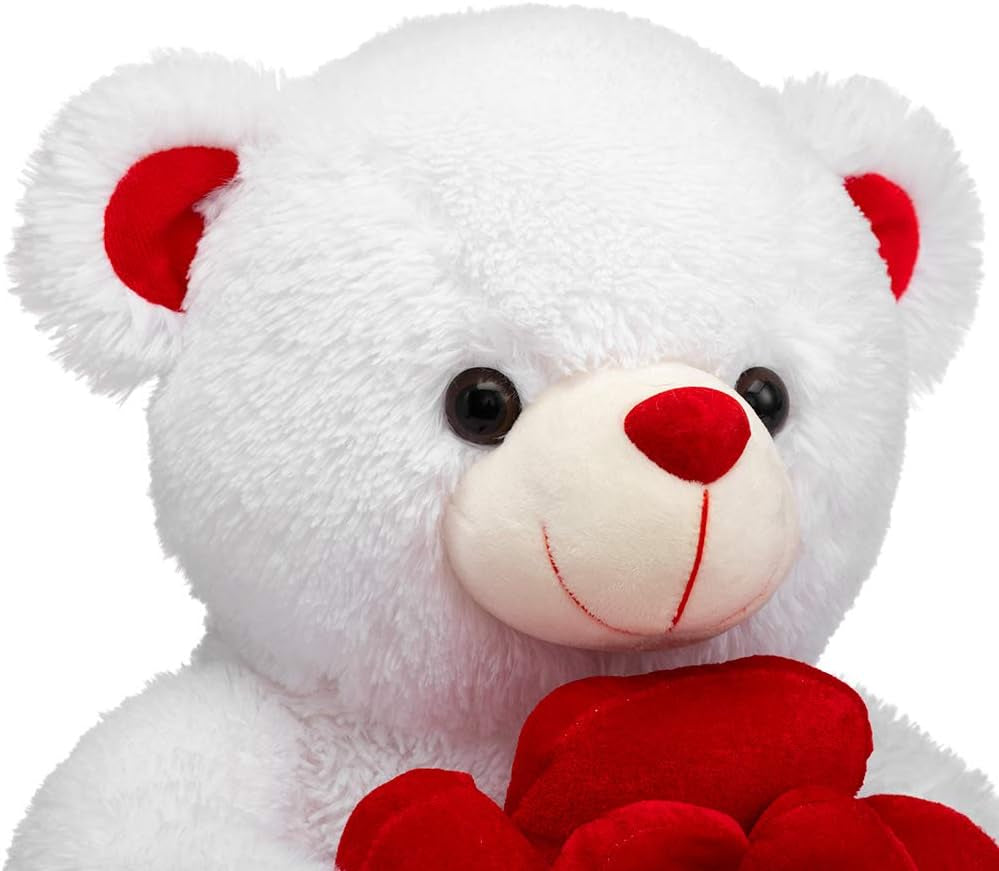 BEJOY Teddy Bear Stuffed Animals Plush Bear Holding Rose Soft Plush Toy Valentine'S Day, 16 Inch, White