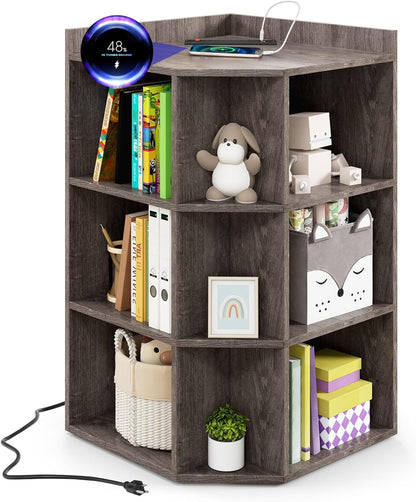 Costzon Kids Corner Cabinet with Charging Station, Wooden Cubby Bookcase with USB Ports and Outlets, 3-Tier Kids Bookshelf, 9-Cube Toy Storage Organizer for Playroom, Bedroom, Living Room (Grey)