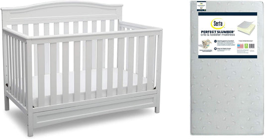 Delta Children Emery 4-In-1 Crib, White + Serta Perfect Slumber Dual Sided Recycled Fiber Core Crib and Toddler Mattress (Bundle)