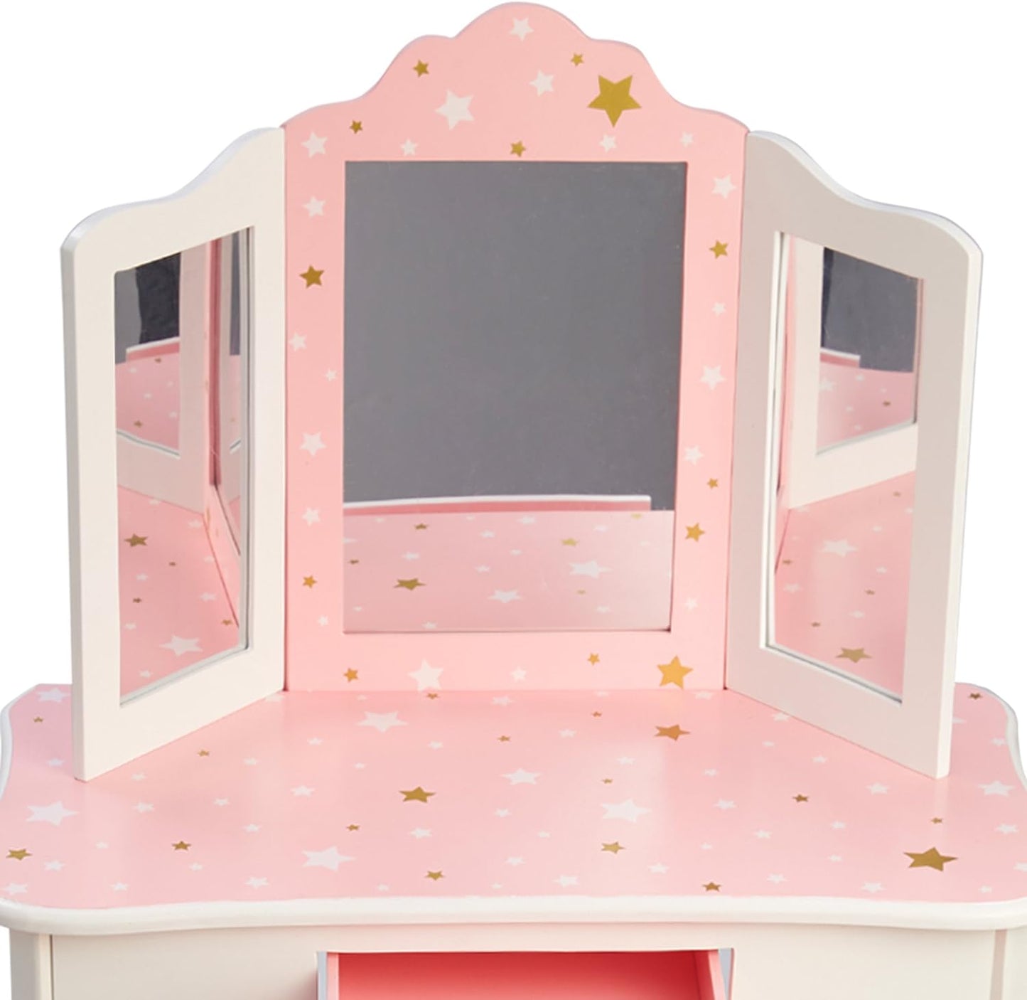 Teamson Kids Princess Gisele Twinkle Star Print 2-Piece Kids Wooden Play Vanity Set with Vanity Table, Tri-Fold Mirror, Storage Drawer, and Matching Stool, White with Pink and Gold Star Accent