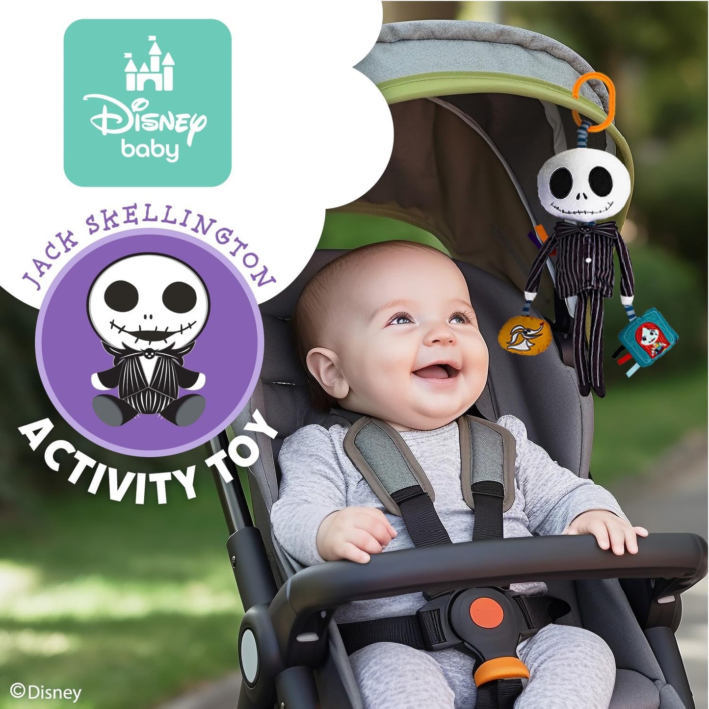 KIDS PREFERRED Disney Baby Nightmare before Christmas Jack Skellington on the Go Activity Toy with Teether, on the Go Clip, Bell Chime, and Pull through Arms