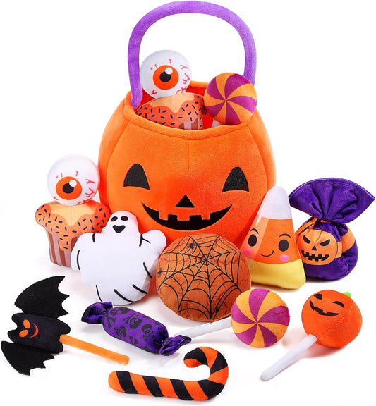 11 Pcs Halloween Pumpkin Set Halloween Plush Toys Stuffed Pumpkin Plush Ghost Candy Corn Bat Pumpkin Baskets Halloween with Handles for Halloween Party Decoration Gift Bag