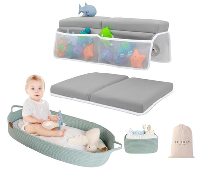 Comfortable Bath Kneeler and Elbow Rest Pad (Grey) + Baby Changing Basket Green