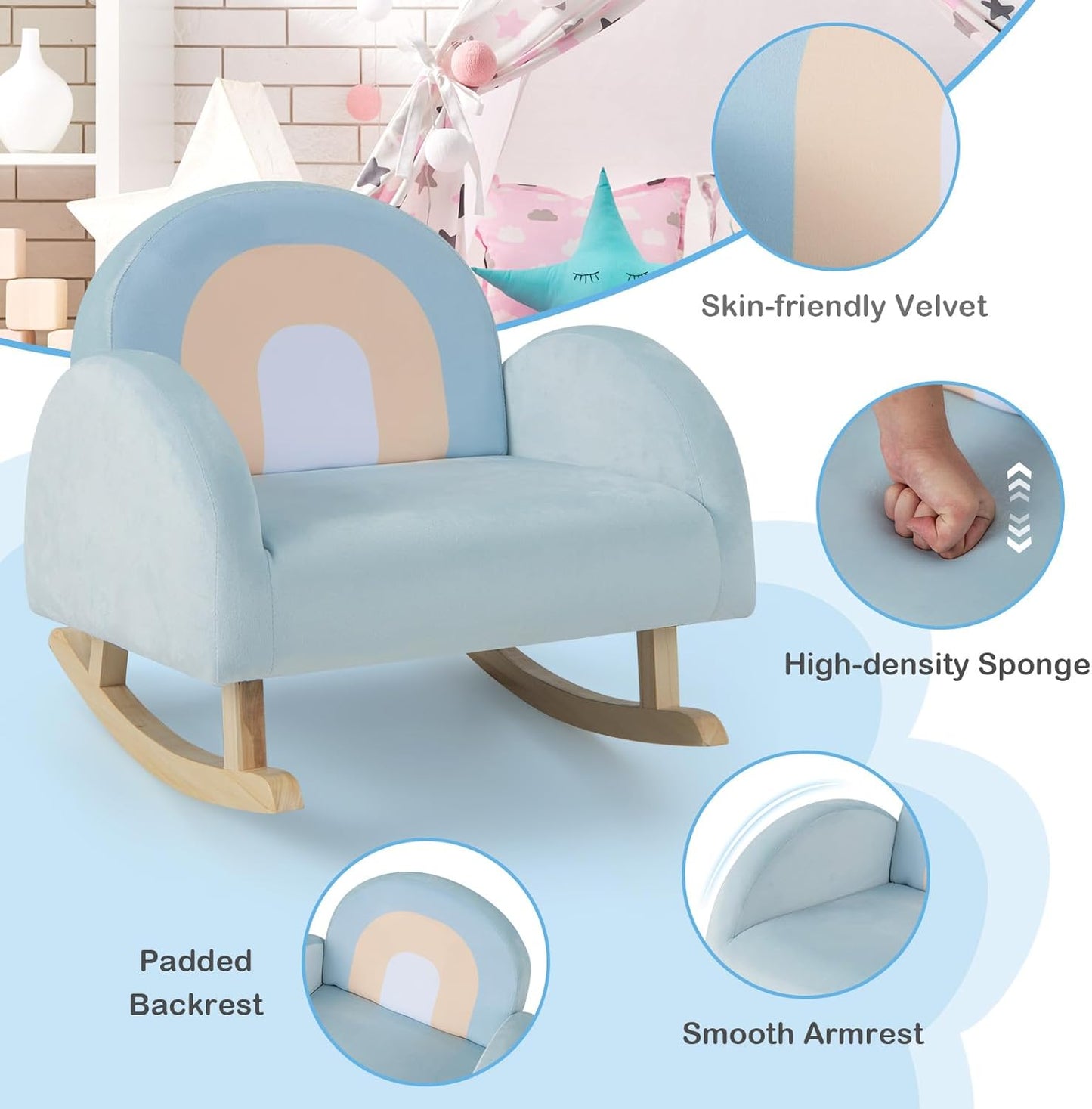 Costzon Kids Sofa, Rocking Chair with Solid Wood Frames, Velvet Fabric, Anti-Tipping Design for Kids Room, Nursery, Preschool, Birthday Gift for Boys Girls, Toddler Furniture Armchair (Light Blue)