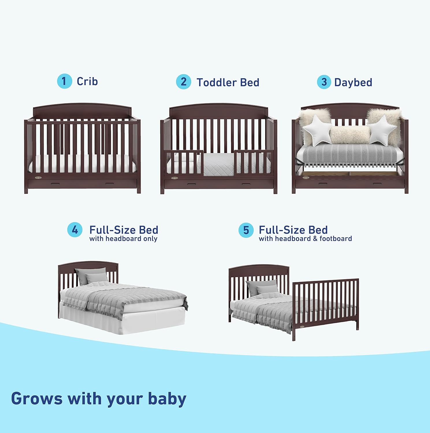 Graco Benton 5-In-1 Convertible Crib with Drawer (Espresso) - Converts from Baby Crib to Toddler Bed, Daybed and Full-Size Bed, Fits Standard Full-Size Crib Mattress, Adjustable Mattress Support Base