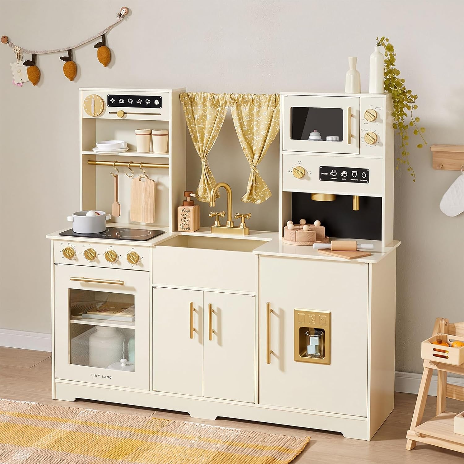 Tiny Land Play Kitchen for Kids, Toy Kitchen Set with Plenty of Play Features, New Modern Kids Wooden Play Kitchen Designed in Trendy Home Style with Curtains, Gift for Ages 3+