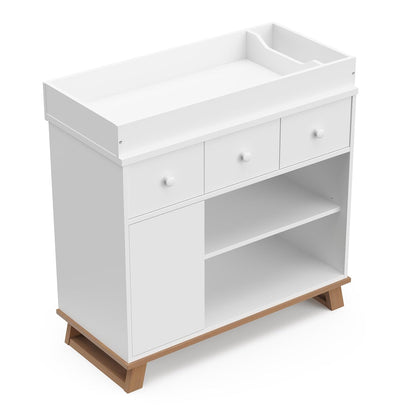 Storkcraft Modern Nursery Changing Table Dresser (White with Vintage Driftwood) – GREENGUARD Gold Certified, Baby Dresser with Changing Table Top, Dresser for Nursery, Changing Table with Drawers