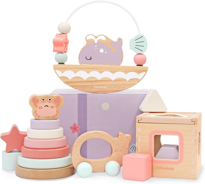 4-In-1 Wooden Toddler Toys for 1 Year Old, Wooden Stacking Rings Tower, Shape Sorter Box, Bead Maze, Wood Baby Push Car, Wooden Stacking Toys for Boys Girls 12M+