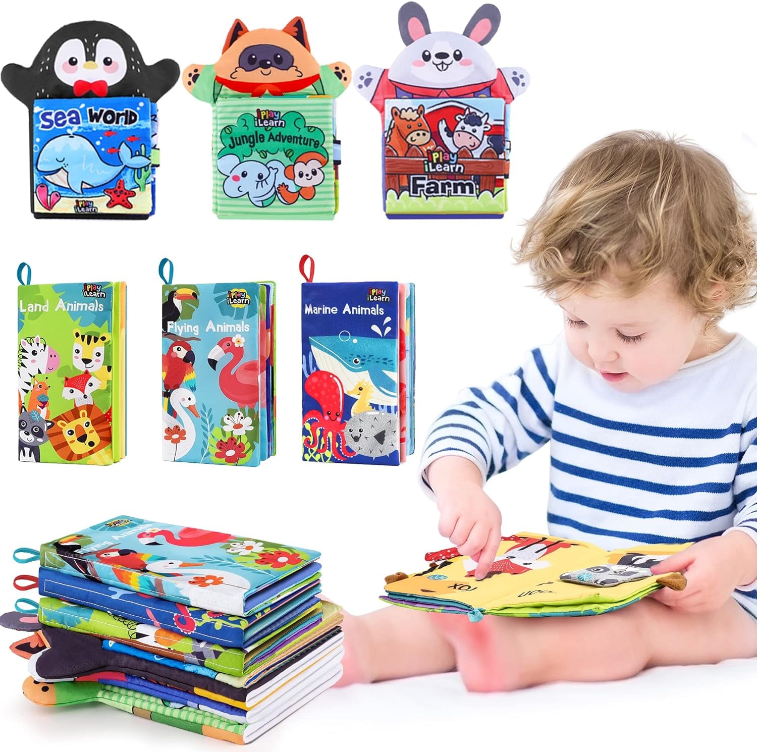 Iplay, Ilearn Soft Baby Books for 1 Year Old, Babies Cloth Animal Book 6-12 Month, Infant Touch Feel Fabric Crinkle Book, Toddler Carseat Crib Bedtime Toy, Newborn Gift 7 8 9 18M 2 3 Yr Kid Boy Girl