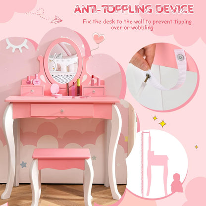 Costzon Kids Vanity Set with Mirror, 2 in 1 Princess Makeup Dressing Table W/Detachable Top, Toddler Vanity with 360° Rotating Mirror, Drawers & Stool, Pretend Play Vanity Set for Little Girls, Pink