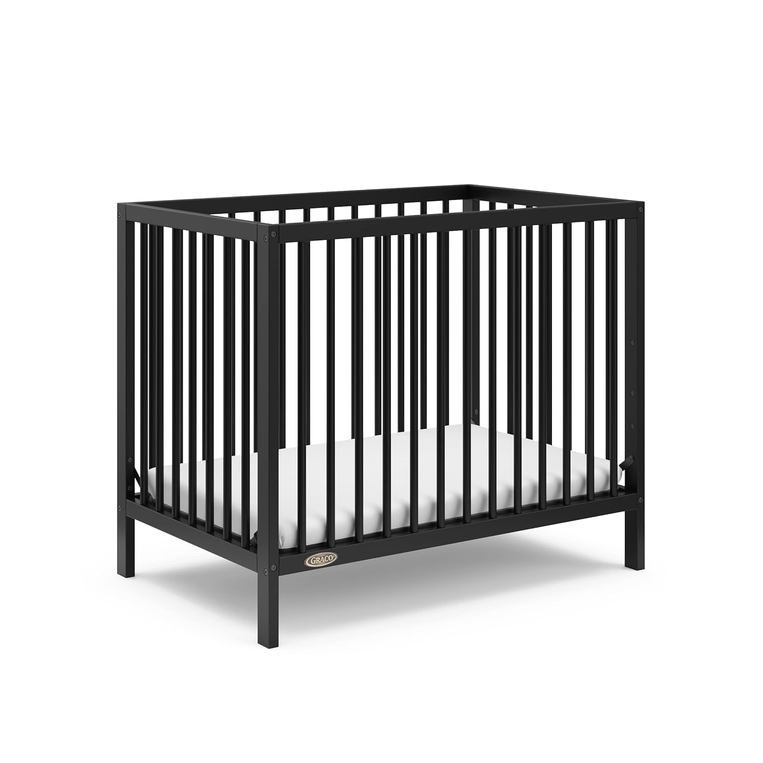 Graco Teddi 4-In-1 Convertible Mini Crib with Bonus Water-Resistant Mattress (Black) – GREENGUARD Gold Certified, 2.75-Inch Mattress Included, Convenient Size, Easy 30-Minute Assembly