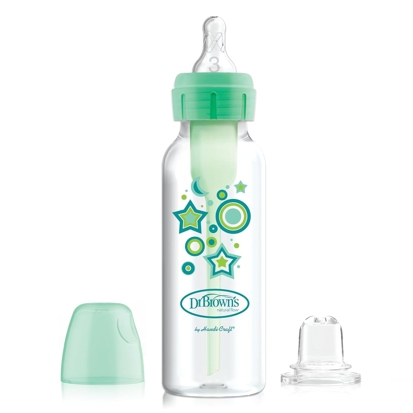 Dr. Brown'S Anti-Colic Options+ Narrow Sippy Bottle Starter Kit, 8Oz/250Ml, with Level 3 Medium-Fast Flow Nipple and Soft 100% Silicone Sippy Spout, Green, BPA Free, 6M+