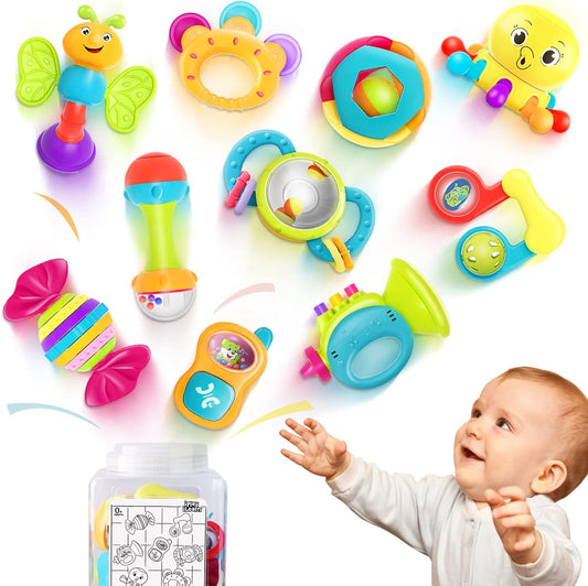 Iplay, Ilearn 10Pcs Baby Rattles Toys Set, Infant Grab Shake Rattle, Sensory Teether, Babies Development Learning Music Toy, Newborn First Birthday Gift 0 1 2 3 4 5 6 7 8 9 10 12 Month Boy Girl