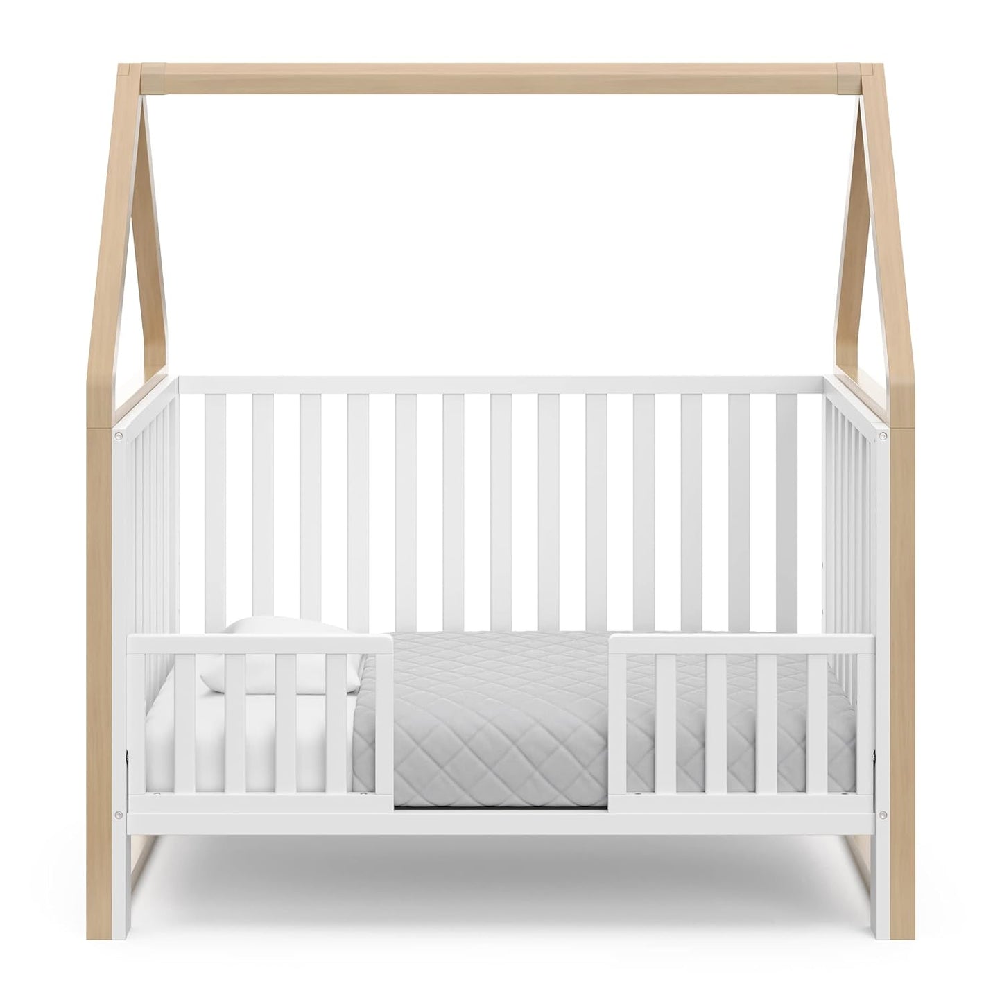 Storkcraft Orchard 5-In-1 Convertible Crib (White with Driftwood) – GREENGUARD Gold Certified, Canopy Style Baby Crib, Converts from Crib to Toddler Bed, Daybed and Full-Size Bed