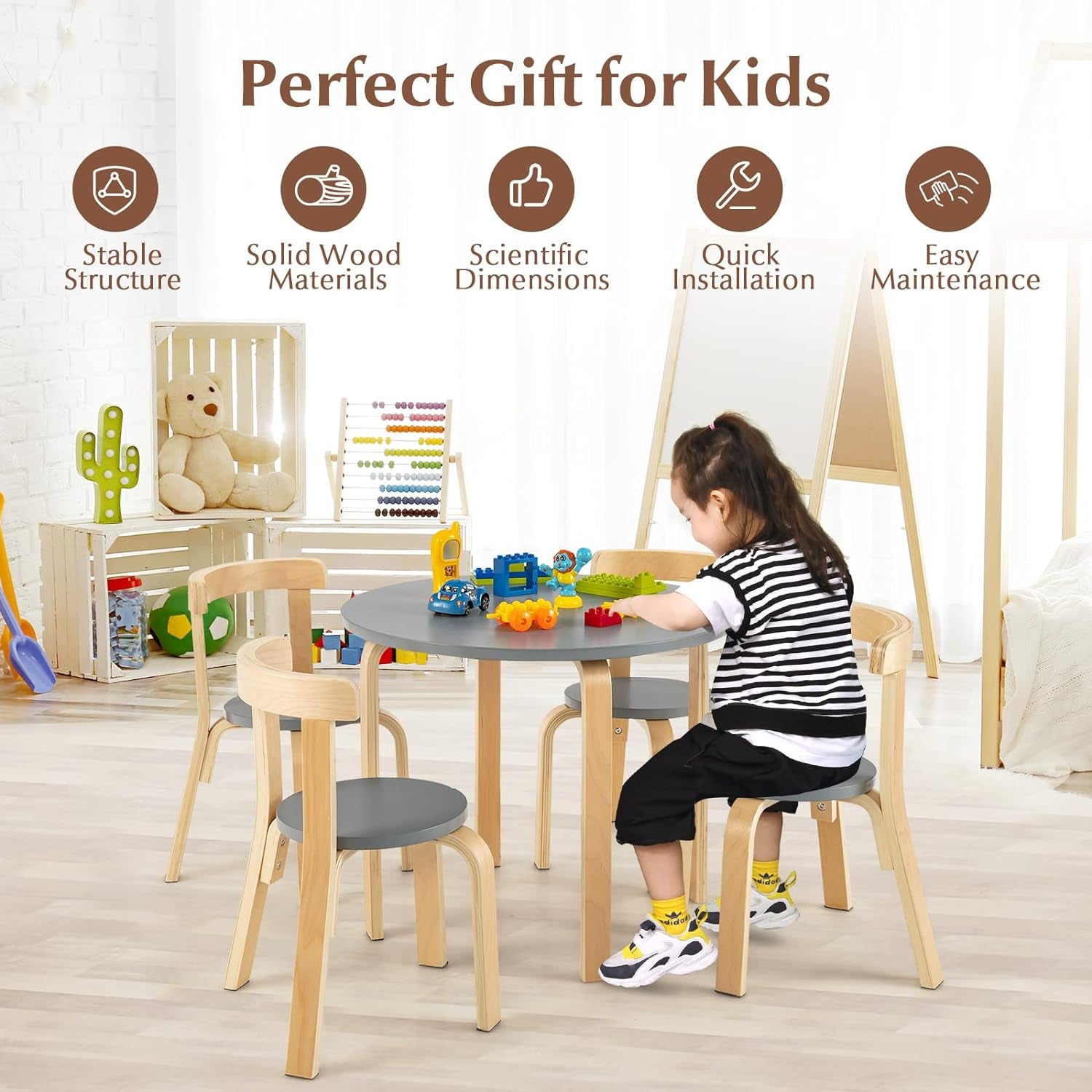 Costzon Kids Table and Chair Set, 5-Piece Wooden Activity Table W/ 4 Chairs, Toy Bricks, Classroom Playroom Daycare Furniture for Playing, Drawing, Reading, Bentwood Toddler Table & Chairs (Natural)