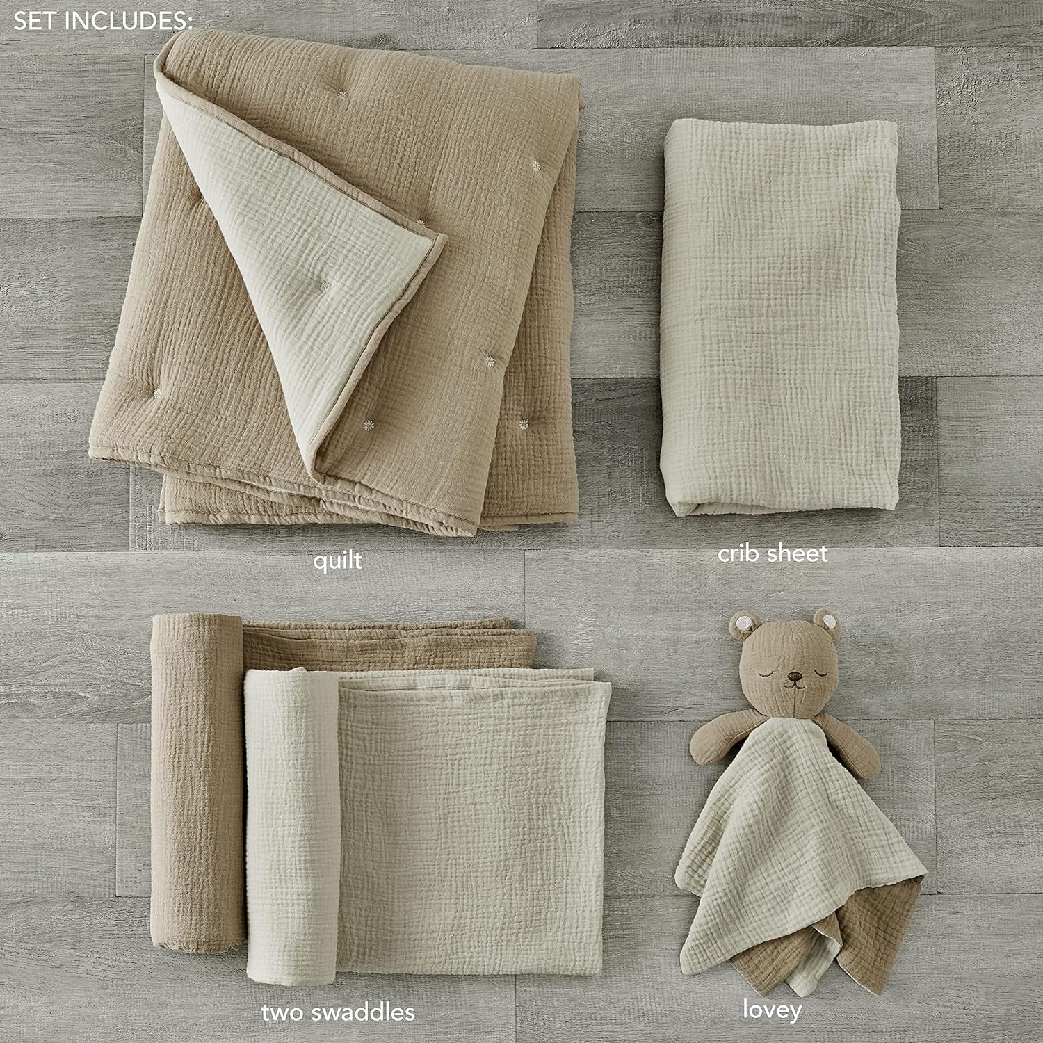 Levtex Baby - Cloud Muslin Crib Bed Set - Baby Nursery Set - Cacao and Beige Stars - Grey Textured Muslin - 5 Piece Set Includes Quilt, Fitted Sheet, Two Swaddles & Bear Lovey