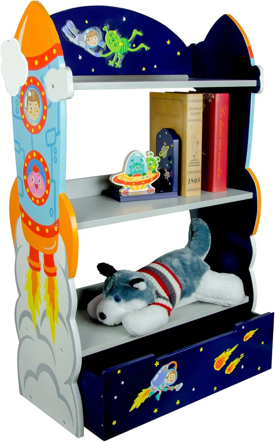 Fantasy Fields Outer Space 3 Tier Kids Bookcase, Wooden Kids Book Shelf with Hand Crafted Designs and Toy Storage Drawer, Blue