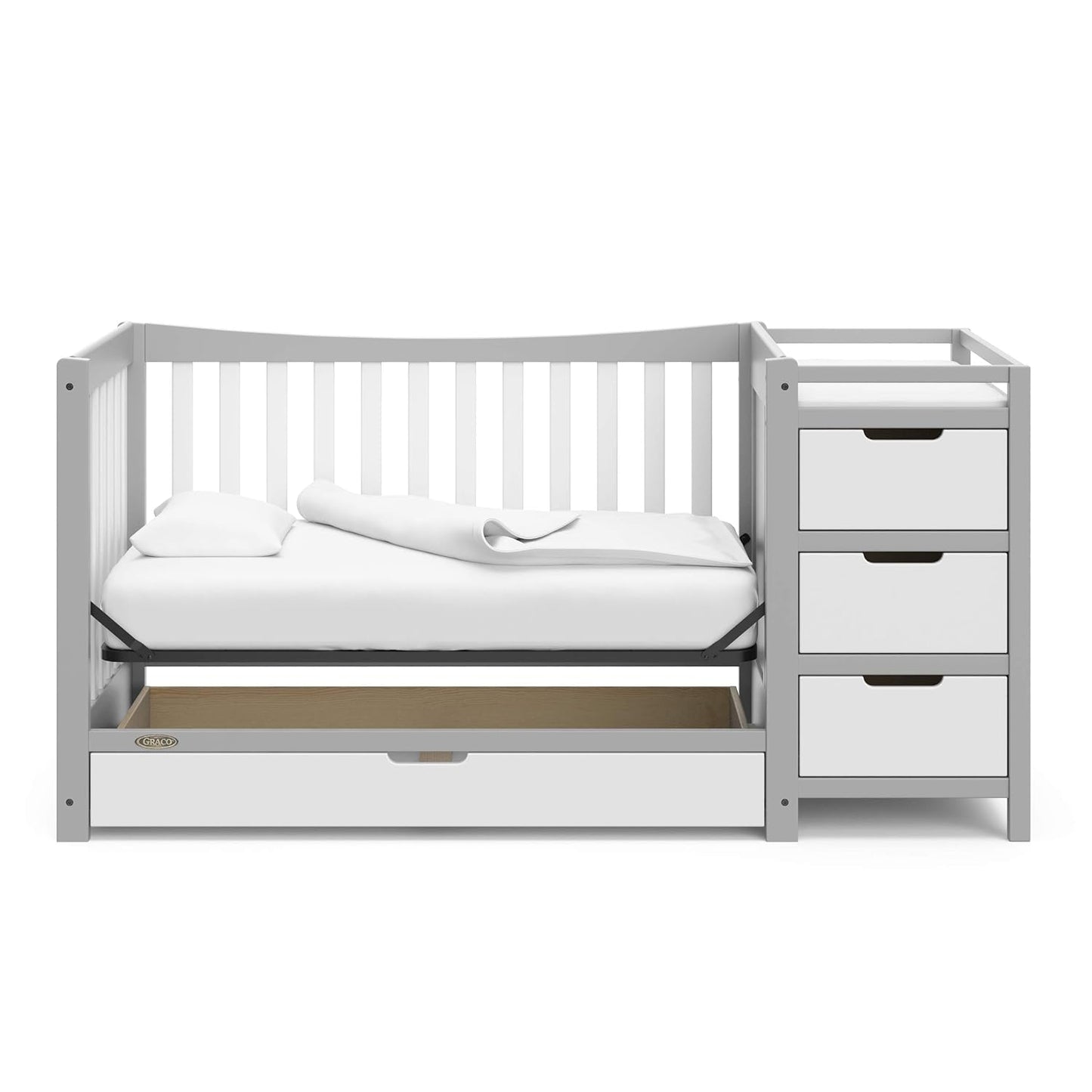 Graco Remi 4-In-1 Convertible Crib & Changer with Drawer (Pebble Gray & White) – GREENGUARD Gold Certified, Crib and Changing-Table Combo, Includes Changing Pad, Converts to Toddler Bed, Full-Size Bed