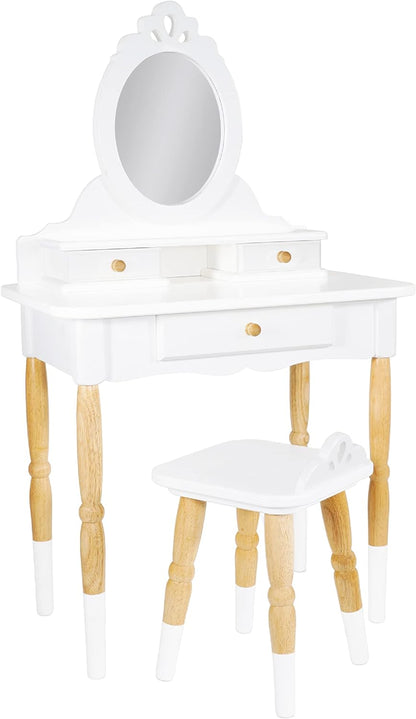 Le Toy Van - Wooden Vanity Table with Vanity Mirror and Vanity Chair - Bedroom Furniture - Victorian Style Oval Dressing Table Mirror - Desk with Drawers and Vanity Stool - Kids Aged 3 Years +