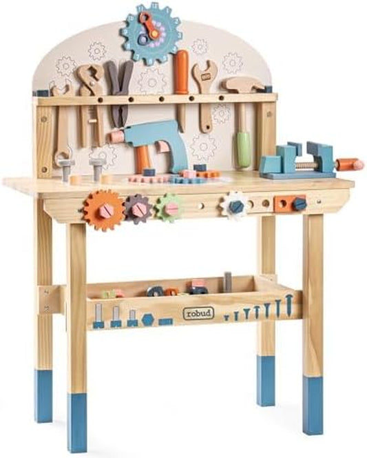 ROBUD Large Wooden Play Tool Workbench Set for Kids Toddlers, Construction Workshop Tool Bench Toys Gift, Multicolor