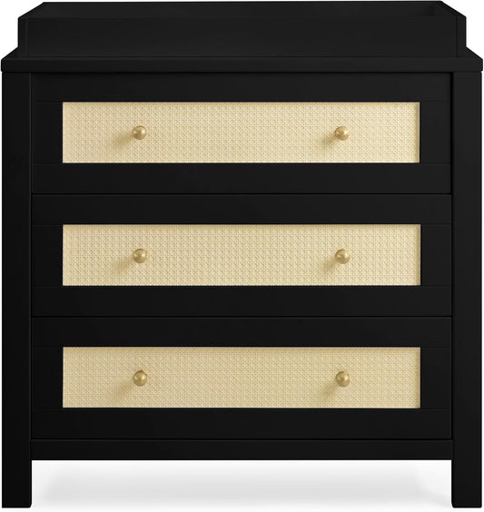 Simmons Kids Theo 3 Drawer Dresser with Changing Top and Interlocking Drawers, Black/Textured Almond