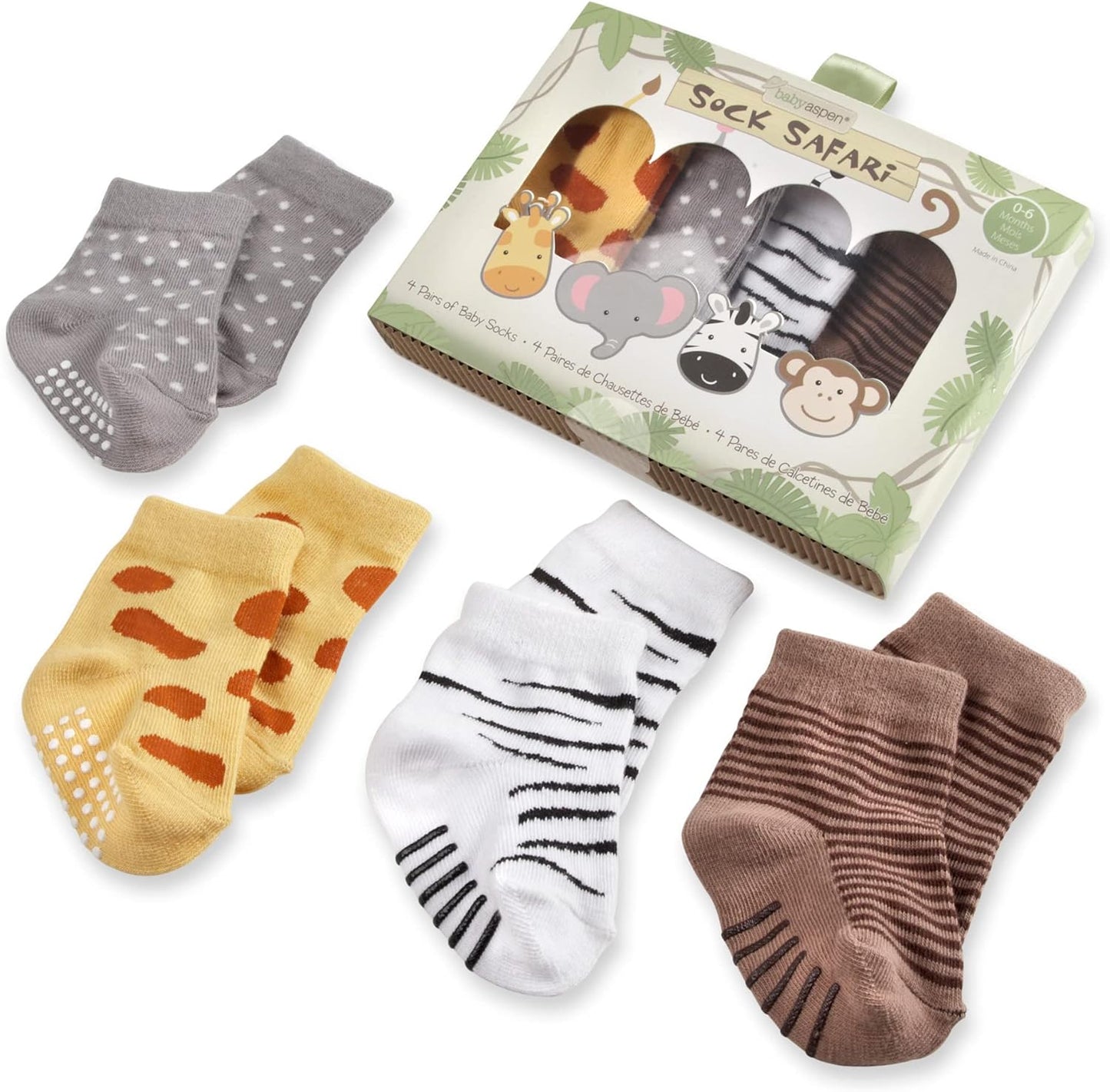 Baby Aspen, "Sock Safari" Four-Pair Animal-Themed Baby Socks Set, 0-6 Months