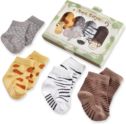 Baby Aspen, "Sock Safari" Four-Pair Animal-Themed Baby Socks Set, 0-6 Months