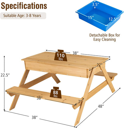 Costzon Kids Picnic Table, 3 in 1 Multipurpose Sand & Water Table W/Removable Top & 2 Storage Boxes, Wooden Construction, Indoor & Outdoor Table Bench Set for Patio, Yard, Activity Play Table