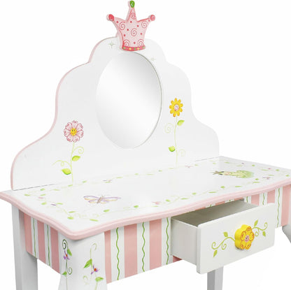 Fantasy Fields - Princess & Frog Kids Vanity Table and Stool Set , 1 Drawer, Gift for Kids, White Pink, Crown