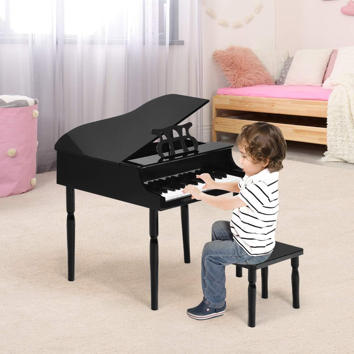 Costzon Classical Kids Piano, 30 Keys Wood Toy Grand Piano with Music Stand and Bench, Mini Musical Toy for Child, Ideal for Children'S Room, Toy Room, Best Gifts (Straight Leg, Black)