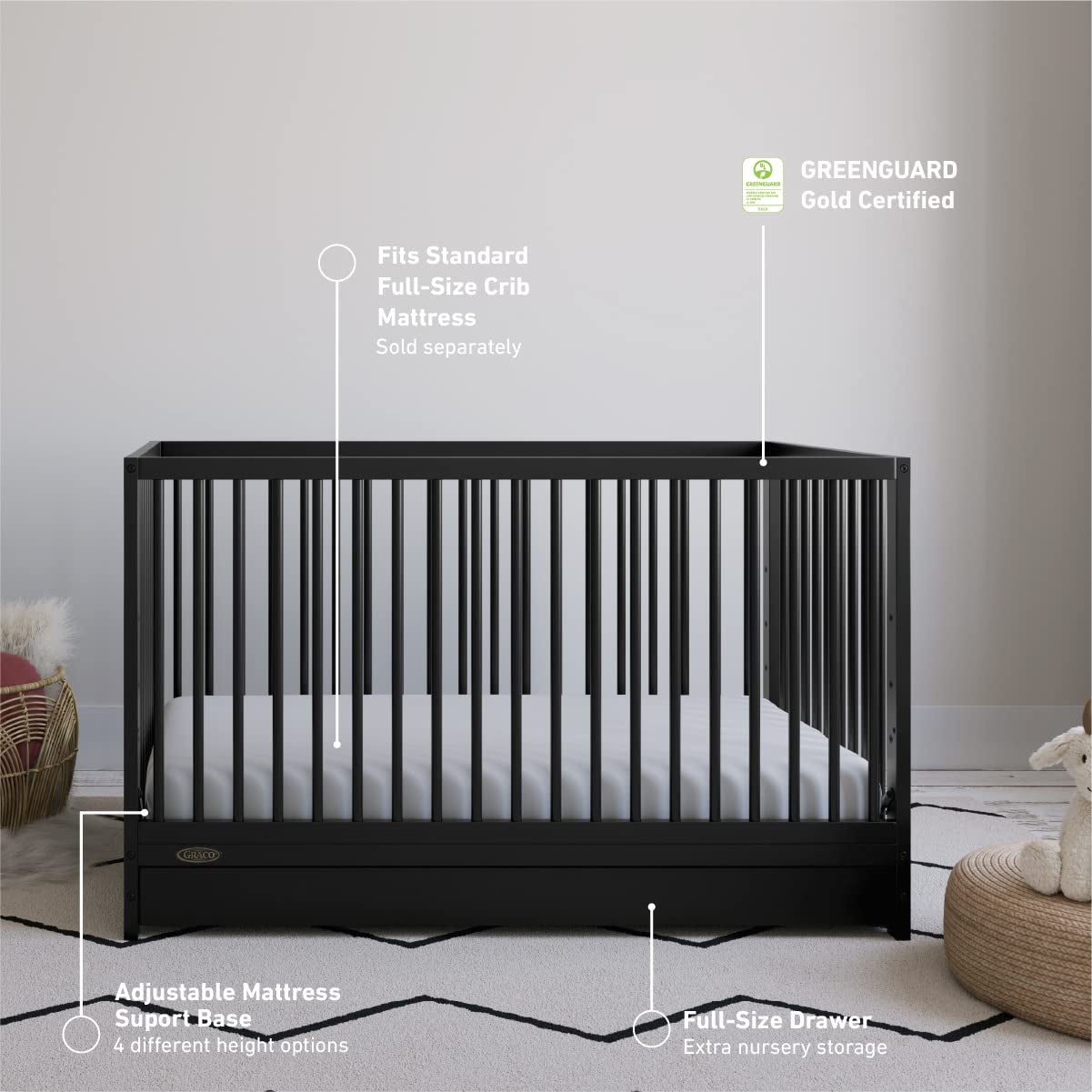 Graco Teddi 5-In-1 Convertible Crib with Drawer (Black) – GREENGUARD Gold Certified, Crib with Drawer Combo, Full-Size Nursery Storage Drawer, Converts to Toddler Bed, Daybed and Full-Size Bed