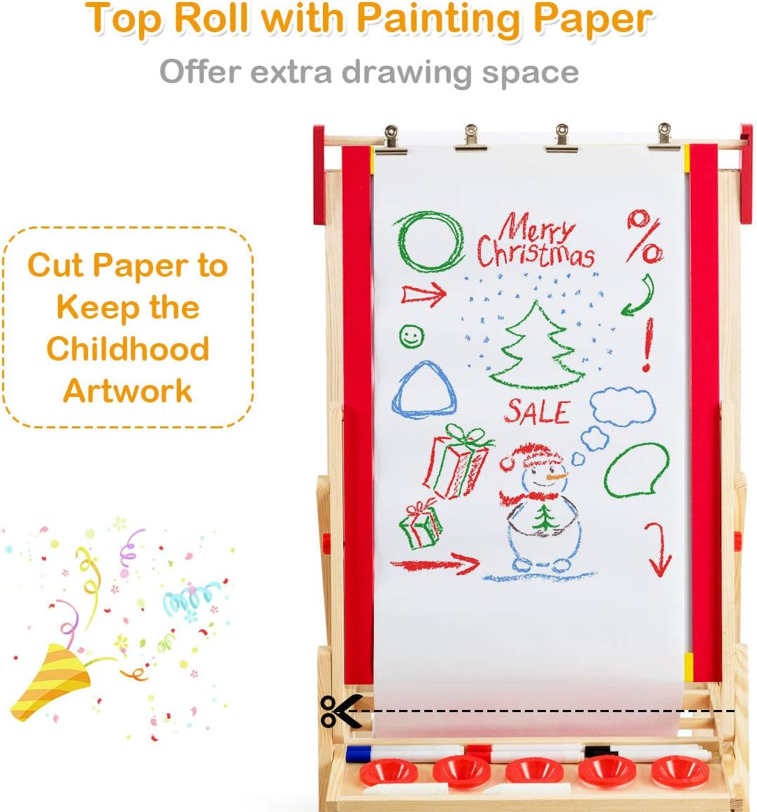 Costzon 3 in 1 Kids Art Easel with Paper Roll, Double Sided Adjustable Chalkboard & White Dry Erase with 4 Drawing Board Clips, Storage Bins, 26 English Alphabet Tiles for Toddlers (Red)