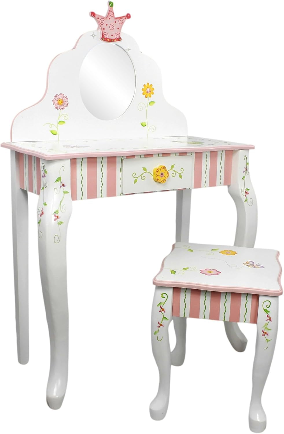 Fantasy Fields - Princess & Frog Kids Vanity Table and Stool Set , 1 Drawer, Gift for Kids, White Pink, Crown