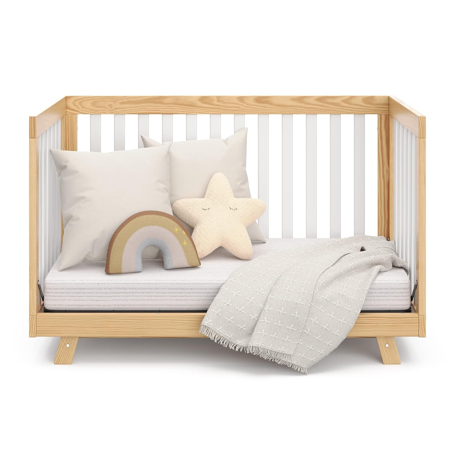 Storkcraft Beckett Convertible Crib (Natural with White Slats) – Converts from Baby Crib to Toddler Bed and Daybed, Fits Standard Full-Size Crib Mattress, Adjustable Mattress Support Base